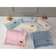 4 Katlı Müslin Bebek Battaniyesi - Püsküllü - 130x140 Cm - Bebe Mavi