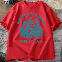 Flood Of Style Destek Yerel Sokak Kedi T-shirt Komik Rakun Sevgilisi Karikatür T Shirt Yaz Pamuk Kısa Kollu Kırmızı