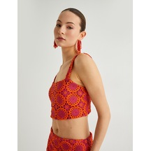 Koton İşlemeli Askılı Crop Büstiyer Pembe Desenli 4sak10046pk Pembe Desenli