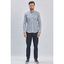 İmza Koyu Lacivert Uzun Kollu Baskılı Biritli Yaka Cepsiz Klasik Slim Fit Dar Kesim Gömlek 1004240213-koyu Lacivert