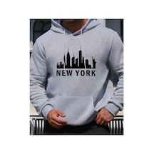 Herkesemoda New York Yazı Detaylı İçi Polarlı Kapüşonlu Sweatshirt Gri