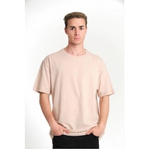 Erkek Düz Tişört Bisikilet Yaka Kısa Kol Oversize T-shirt - Bej