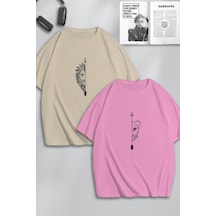 Unisex Kadın Erkek Aslan Ok Baskılı Sevgili Çift Kombini Tasarım Oversize Tshirt 2li Pembe Bej Mck0208 Çok Renkli
