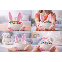 Tavşan Kulaklı Dekoratif Şekerlik Pembe Beyaz Bunny Tasarım Çikolata Kasesi Masaüstü Dekoratif
