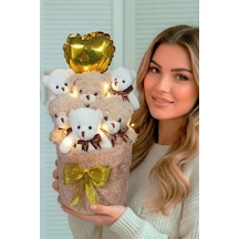 Deluxe Krem Peluş Silindir Kutuda, Led Işıklı Kalpli Balonlu 6 Lı Boz Ayıcık Buketi - Sevdiğine Hediye