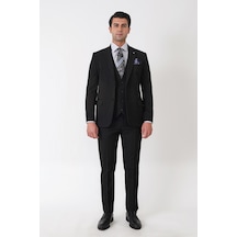Efor Slim Fit Çift Yırtmaç Esnek Yünlü Siyah Yelekli Takım Elbise Tk 958