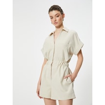 Koton Oversize Şort Tulum Gipeli Cep Detaylı Kısa Kollu Taş 4sak80007uw Taş