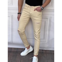 Modefendi Skinyfit Yüksek Kalite Likralı Diz Yırtık Detaylı Kot Pantolon Bej