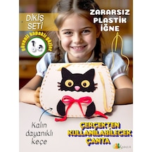 Çocuklar İçin Keçe Çanta Dikiş Seti Siyah Kedi Tasarımlı Çocuk Hobi Kiti