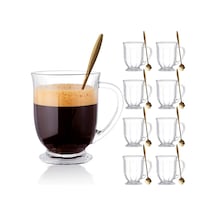 Tr Cam Kahve Kupaları 8'li Set, 15oz Kulplu Büyük Kapasiteli Cam Kahve Kupaları, 8 Kaşıklı Şeffaf Kahve Kupası, Diğer
