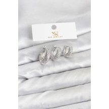 Pirinç Gümüş Renk Zirkon Taşlı Halka Model Ysx Trio Küpe Seti Altın 42394451