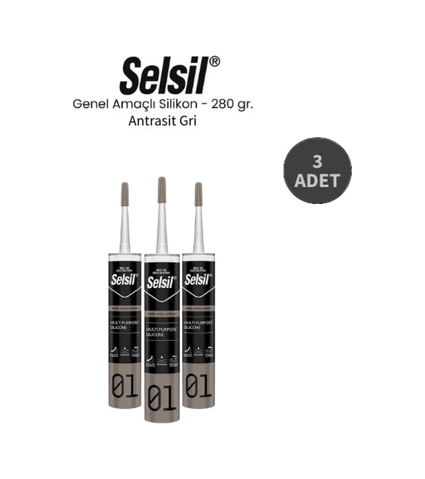Selsil Genel Amaçlı Antrasit Gri Silikon 280 Gr. 3 Adet Antrasit Gri