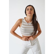 Ckm Moda Adrian Yüksek Kalite Kadın Yuvarlak Yaka Çizgili Crop Bluz Ekru