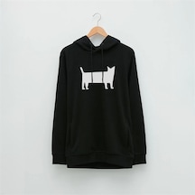 Beyaz Kedi Özel Tasarım Baskılı Kapüşonlu Sweatshirt Siyah