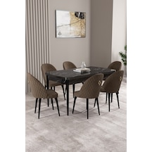 Milas Siyah Mermer Desen 80x132 Mdf Açılabilir Mutfak Masası Takımı 6 Adet Sandalye Kahverengi