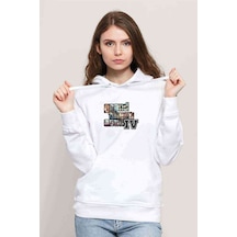 Gta V Yazı Ve Logo Baskılı Beyaz Kadın Kapşonlu Sweatshirt