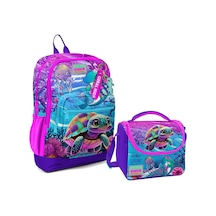 Coral High Dört Bölmeli Kız Çocuk Okul Sırt Çantası ve Beslenme Seti - Pembe Mor Kaplumbağa