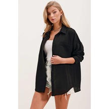 Giyim Dünyası Kadın Tek Cepli Oversize Gömlek Siyah 001