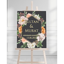 Söz Nişan Düğün İçin 50x70 Karşılama Panosu - Siyah Ve Beyaz Gül Tasarımlı