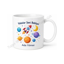 Uzay Temalı Çocuk Hediyesi Kişiye Özel Baskılı Kupa Bardak Beyaz