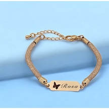 Archin Rosa İsmine Özel 14 Ayar Altın Plakalı Hasır Kordonlu Kelebek Motifli Hediye Bileklik-647isim Rosa