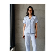 Fit Women V Yaka Düğmeli Casual Mavi Pijama Takımı