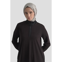 Armine Trend Yarım Fermuarlı Dik Yaka Uzun Kollu Rahat Kesim Basic Uzun Tunik 107 Cm Boy Siyah 26kt456