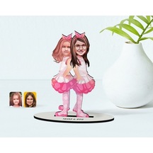 Kişiye Özel Kız Kardeşler Karikatürlü Ahşap Biblo Model-3