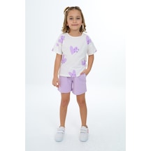 Toontoy Kids Toontoy Kız Çocuk 2'li Takım Baskılı Bisiklet Yaka T-shirt & Beli Lastikli Cepli Şort Lila