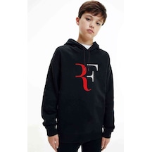 Tshirthane Roger Federer Rf Baskılı Unisex Çocuk Kapüşonlu Siyah Sweatshirt Siyah