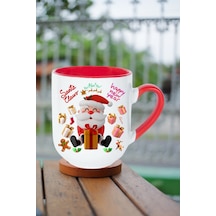 Noel Baba Happy Christmas Baskılı İçi Kırmızı Lüx Kupa Bardak Porselen Çay Kahve Fincanı Kırmızı