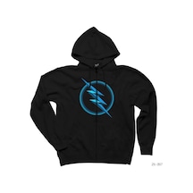 Flash Logo Blue Siyah Fermuarlı Kapşonlu Sweatshirt