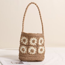 Cc Globall Papatya Çiçeği Omuz Hasır Çanta Yeni El Yapımı Dokuma Çanta Tatil Plaj Çantası Kadın Çantası Haki