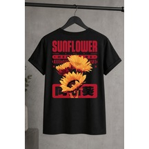 Spoyi Bold Sunflower Tasarımlı %100 Pamuk Yarım Oversize Siyah T-shirt