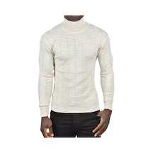 Deepsea Erkek Bej Slim Fit Likralı Tam Balıkçı Yaka Çizgili Boğazlı Kazak 2505504 Bej