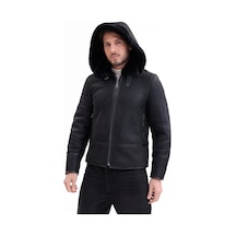 M M Marki Marki Hakiki Deri Erkek Mont Siyah İçi Kürklü Çıkma Kapüşonlu Fermuarlı 70 Cm - 507722