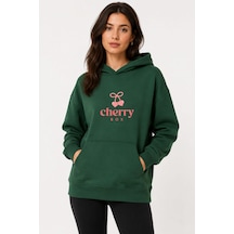 Herkesemoda Cherry Baskılı Kapüşonlu 2 İplik Şardonlu Sweatshirt Yeşil