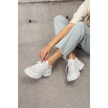 Shoetek Lorda Kadın Sneakers Bağcıklı Triko Dokumalı Spor Ayakkabı Beyaz Beyaz