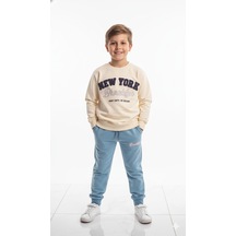 Erkek Çocuk New York Brooklyn Baskılı Eşofman Takımı Rahat Kalıp, Yumuşak Kumaş, 2 Li Sweat Krem