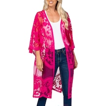 Yucama Kadın Dantel Hırka See Through Elbise Boho Uzun Kimono Plaj Mayo - B Gül