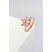 Beyaz Zirkon Taşlı Rose Renk Ayarlanabilir Lotus Gümüş Bayan Yüzük -7902
