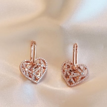 Kalp Tasarım Zirkon Taşlı Rose Gold Kaplama Gümüş Küpe Gümüş