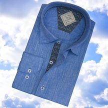 Pamuklu Uzun Kollu Mavi Erkek Gömlek Slim Fit Kalıp -9879 Mavi