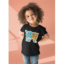 Sevbano Gumball Ve Darwin Baskılı Unisex Çizgi Film Çocuk Tişört 1-12 Ya Siyah