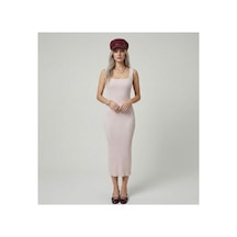 Neden Tekstil Premium Fit Kare Yaka Fitilli Triko Midi Elbise - Açık Pembe