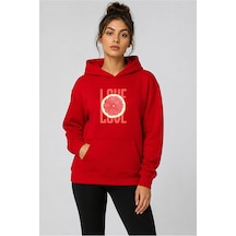 Herkesemoda Portakal Dilimi Baskılı Kapüşonlu 2 İplik Şardonlu Sweatshirt Kırmızı