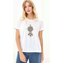 Dreamcatcher Pusula Baskılı Beyaz Kadın Tshirt