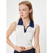 Koton Crop Spor Atlet Slogan Baskılı Polo Yaka Kolsuz Slim Fit Ekru 4sak30196nk Ekru