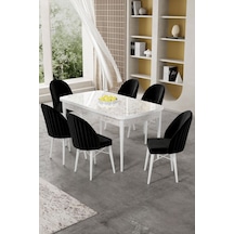 Canisa Gale Serisi 80x132 Açılabilir Lak Panel Beyaz Mermer Desen Mutfak Masa Takımı 6 Siyah Sandalye Masa Beyaz Mermer Desen Sandalye Siyah