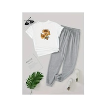 Medinenur Kelebek Ve Ayçiçeği Baskılı T-shirt Eşofman Altı Jogger Rahat Kalıp Eşofman Takım Beyaz